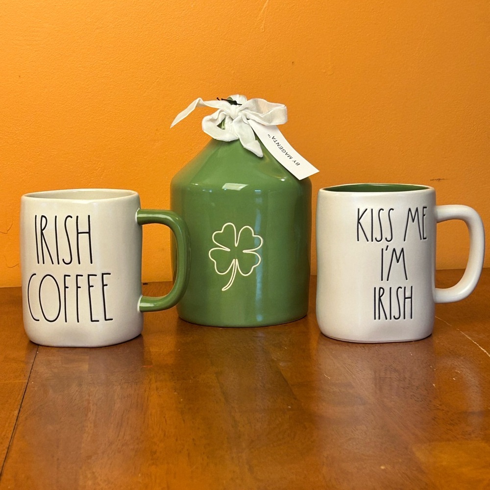 Rae DunnGreen Shamrock Ceramic Canister with White Irish Mugs - Home Dining Set